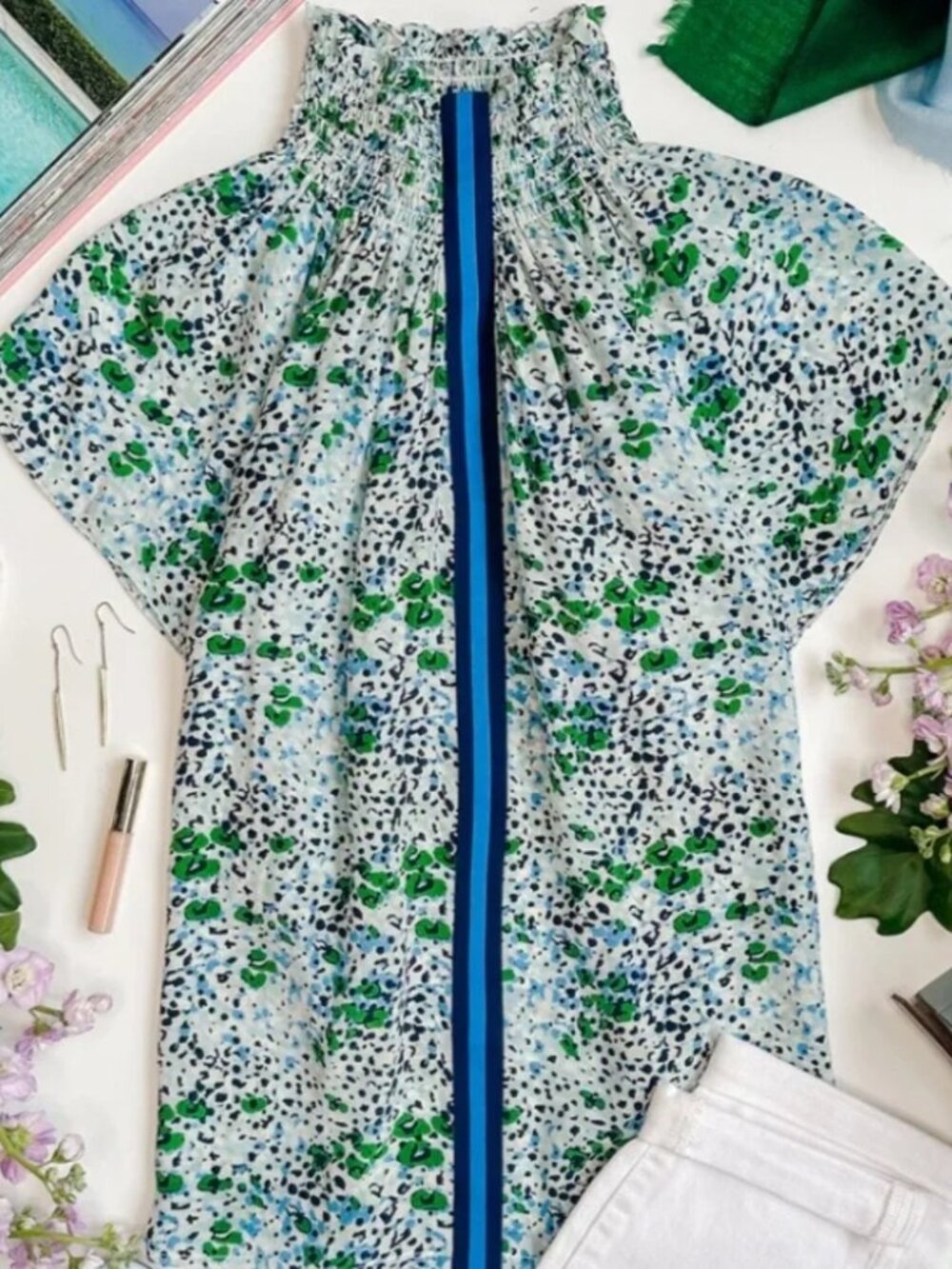 Rungolee Blue Green White Brooklyn Silk Blouse Oasis Poppy Fields Womens S